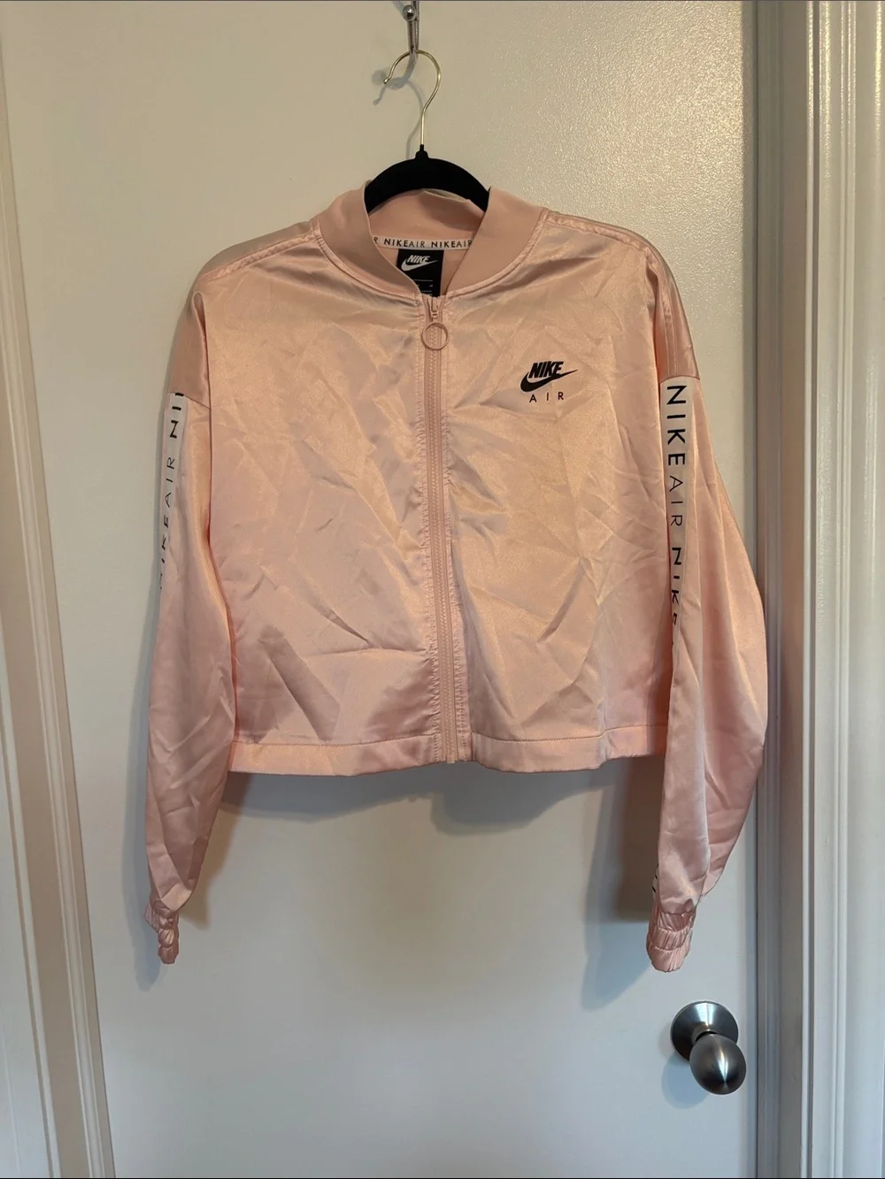 Nike Air Satin Cropped Bomber Jacket — Blush Pink